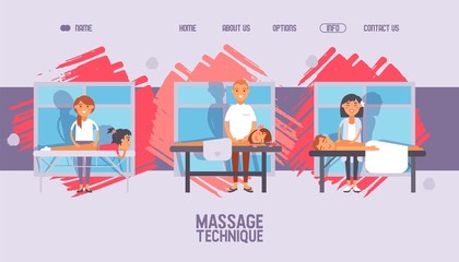 Massage salon website, healthcare center cartoon character vector illustration. Relaxing massage therapy procedure with professional masseur, landing page template. Flat style smiling people treatment