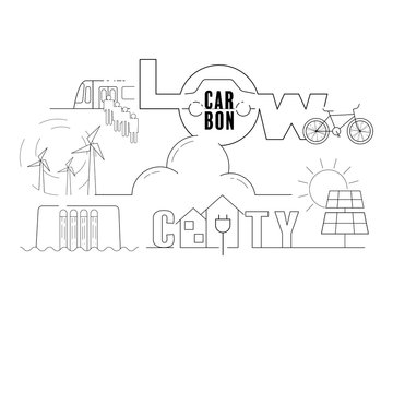 Low Carbon City Typographic Design. Modern Transit And Renewable Energy. Vector Illustration Outline Flat Design Style.