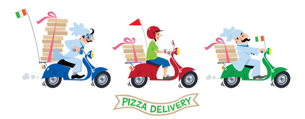 Funny pizza chef on scooter. Pizza delivery logo set