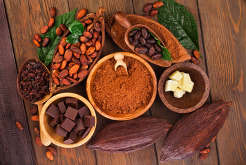 Cacao beans and powder, cacao butter and cacao nibs with chopped chocolate on a wooden background.