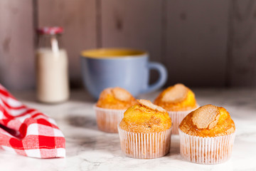 four delicious cupcakes on wooden background