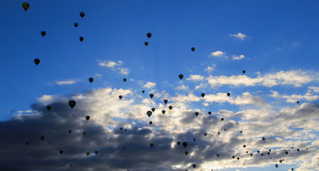 Silhouette of many balloons in the sky in the morning light during the albuquerque balloon festival in the USA