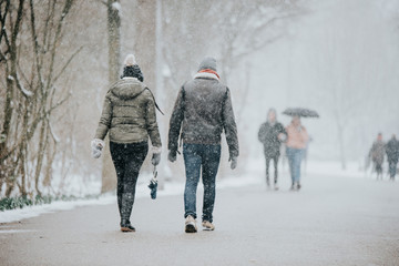 two couple people walking in snow  park amsterdam holland