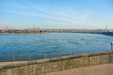 the city of Irkutsk, Irkutsk region, Russia. Lower embankment of the Angara River in the city of...