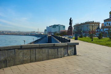 the city of Irkutsk, Irkutsk region, Russia. Lower embankment of the Angara River in the city of...