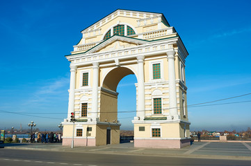 the city of Irkutsk, Irkutsk region, Russia. Moscow gate on the embankment of the Angara River in...