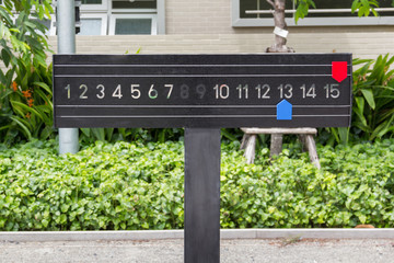 Petanque score board in public park. slider bar with number for Petanque competiton.