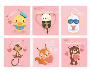 Set of Valentines day cards with cute funny animals.