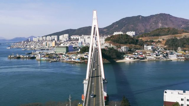 Time lapse with Dolsan Bridge. Yeosu city. South Korea. Sunny winter day
