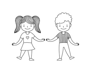 Cute happy children boy with girl dancing. Cartoon style. Black line on white background. Vector illustration