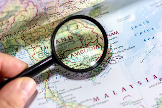 Ivanovsk, Russia - November 24, 2018: Cambodia on the map of the world.