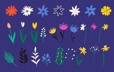 Obraz na płótnie Canvas Collection of flowers in a flat style. Wild flower, tulip. Botanical vector. Design elements. Set of decorative floral. Illustration of nature flower spring and summer in garden.