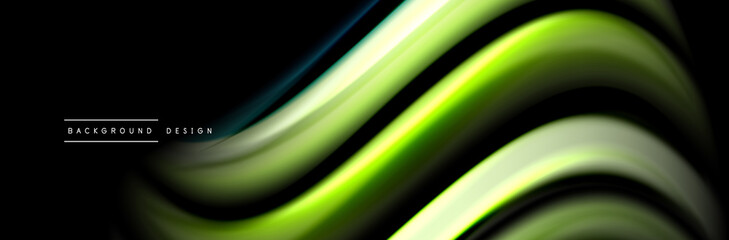 Silk and smooth flow wave poster design. Color waves, liquid style lines and shapes in black color background