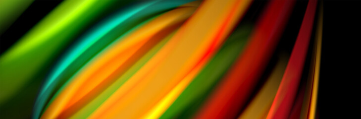 Silk and smooth flow wave poster design. Color waves, liquid style lines and shapes in black color background