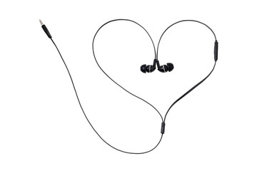 Vacuum wired black headphones for listening music and sound on portable devices. Earphones headset on a white background. In-ear headphones. Ear plugs for music lovers in the shape of a heart.