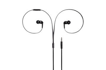 Earphones headset. In-ear headphones. Vacuum wired black headphones for listening music and sound on portable devices on a white background. Ear plugs for music lovers.