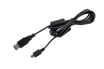 Close-up of a USB cable with standard A and mini-USB standard B connectors isolated on a white background. Black cable for data transfer between devices.