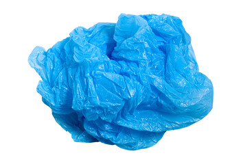 Blue plastic bag on a white background, isolate. Used plastic bag for recycling. Recycling of plastic waste into pellets as a business.