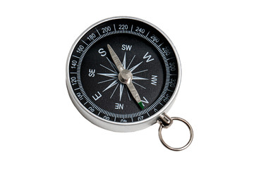 Compass with a black dial color isolate on a white background. Traditional navigation device indicating the cardinal points (north, south, east, and west).