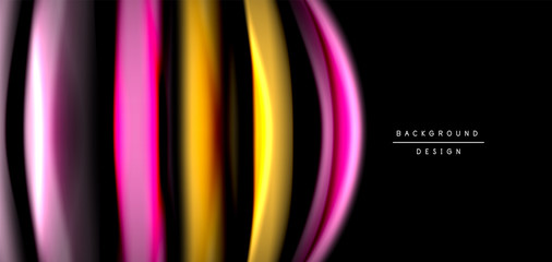 Abstract silk smooth lines on black, multicolored liquid fluid rainbow style waves on black