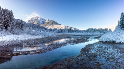 Zelenci Springs nature reserve near Kranjska Gora, Slovenia in Winter. Sunny morning with fresh Snowfall. Sava Dolinka river source.