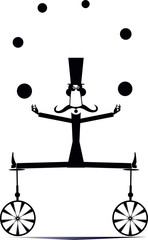 Equilibrist mustache man on two unicycles juggles the balls illustration. Funny long mustache man in the top hat balances on two unicycles and juggles the balls black on white illustration © bigmen