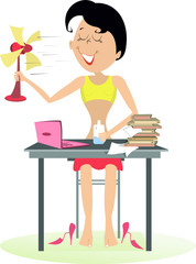 Heat in the office, woman, table fan and a bottle of water illustration. Woman in the office sits near the table holds a tabletop fan and a bottle of water and takes a delight from the fresh air 