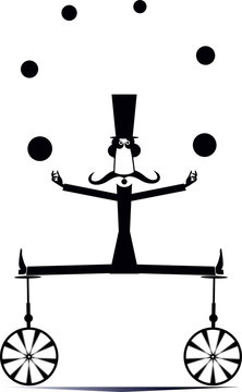 Equilibrist mustache man on two unicycles juggles the balls illustration. Funny long mustache man in the top hat balances on two unicycles and juggles the balls black on white illustration