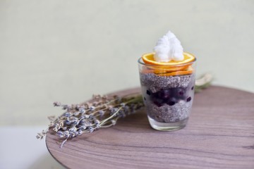Chia pudding with orange and vegan whipped cream