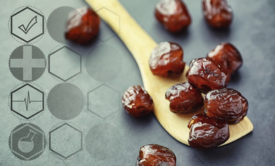  Healthy and proper nutrition for life. Healthy foods. Dried fruits for diet. Prunes, dates, raisins and figs.