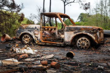 Fototapeta premium Australian bushfire aftermath: Burnt car carcass and rubble at Bilpin in Blue Mountains, Australia.