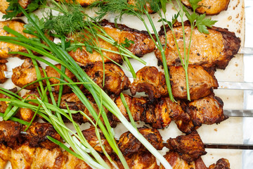 Spiced meat with herbs and onions, fried in tandoor. Shish kebab. Barbecue.