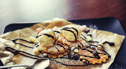 Viennese waffles with filling. Coffee table. A set of fragrant cookies for breakfast for the holiday.