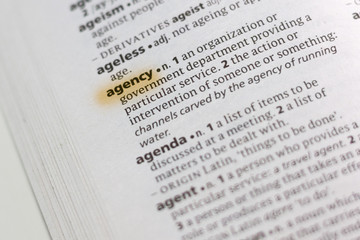 The word or phrase Agency in a dictionary.