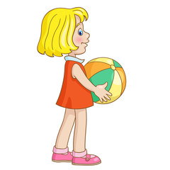 Little cute girl with a big ball in her hands. In cartoon style. Isolated on white background. Vector illustration.