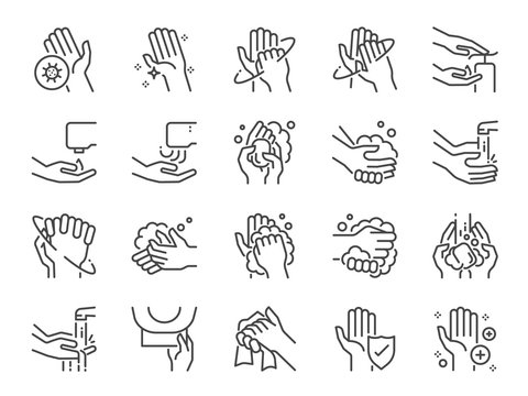 Hand washing line icon set. Included icons as wash, tissue paper, cleaning, hand dryer, soap, wipe, sanitary and more.