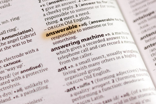 The word or phrase Answerable in a dictionary.