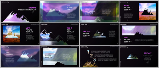 Presentations design, vector templates. Background for tourist camp, nature tourism, camping. Aadventure design concept. Multipurpose template for presentation slide, flyer leaflet, brochure cover.