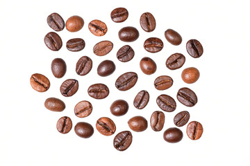 Fototapeta premium roasted coffee beans isolated on white background with cutout, top view image of coffee bean