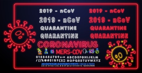 Neon Lettering quarantine EPS 10. Neon MERS-CoV Middle East respiratory syndrome coronavirus . Neon light illustration. New Coronavirus 2019-nCoV