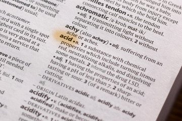 Ivanovsk, Russia - November 19, 2018: The word or phrase Acid in a dictionary.