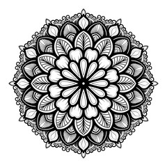 illustration of mandala doodle flower. yoga template. mandala art design with black lines rounded white background. India, Islam, Turkey, Arabic.