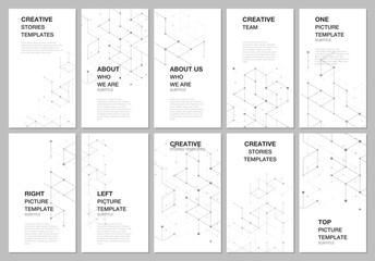 Social networks stories design, vertical banner or flyer templates. Cover design templates for flyer, leaflet, brochure cover, presentation, advertising banner. Abstract molecular connection structure