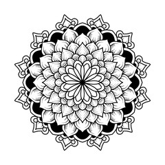 illustration of mandala doodle flower. yoga template. mandala art design with black lines rounded white background. India, Islam, Turkey, Arabic.