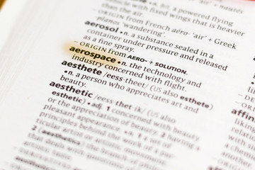 Ivanovsk, Russia - November 19, 2018: The word or phrase Aerospace in a dictionary.