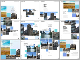 Brochure layout of square format covers design templates for square flyer leaflet, brochure design, report, presentation. Geometric blue color abstract background with photos, consisting of squares. - obrazy, fototapety, plakaty