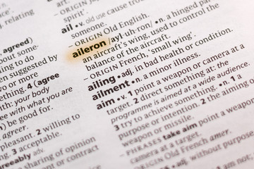 Ivanovsk, Russia - November 19, 2018: The word or phrase Aileron in a dictionary.