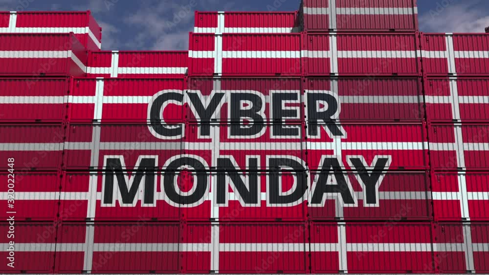 Poster cargo containers with cyber monday text and flags of denmark. danish online commerce related 3d anim