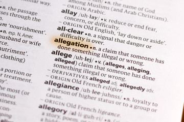 Ivanovsk, Russia - November 19, 2018: The word or phrase Allegation in a dictionary.