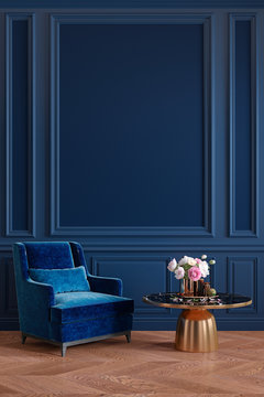 Classic royal blue interior with armchair, coffee table, flowers and wall moldings. 3d render illustration mockup.